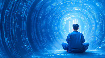 A person meditating in a blue digital tunnel at night