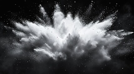 Black background, white powder explosion in the center of the screen, dust particles flying around it, creating an abstract and dynamic visual effect
