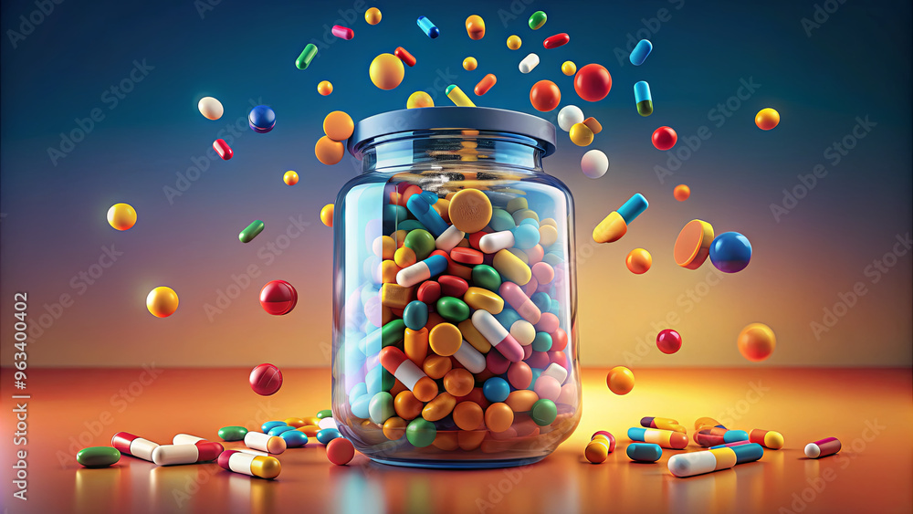 Poster a clear glass jar filled with a variety of colorful pills and capsules has spilled its contents onto