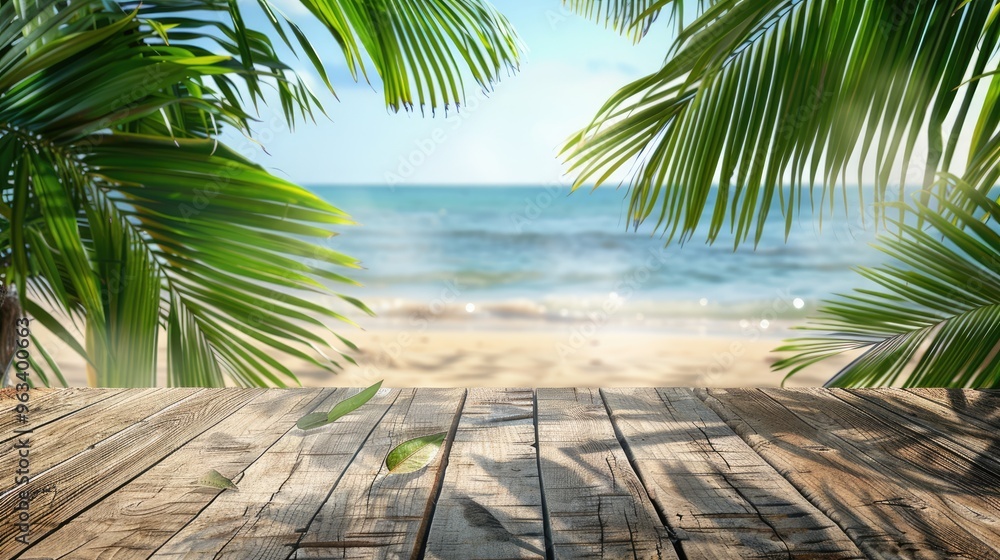 Canvas Prints Wooden planks with beach background, suitable for product display, with palm leaves in front.