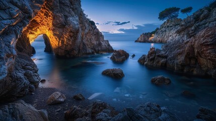 Fototapeta premium long exposure of a light in a coastal part with sea at night