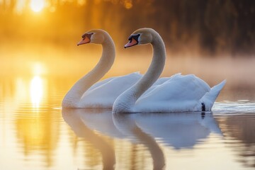 Fototapeta premium A pair of swans gliding across a lake at sunrise, their reflections shimmering in the water, set against a tranquil backdrop with copy space