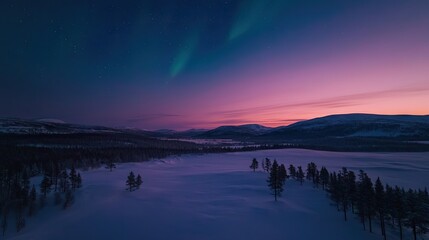 Before dawn, serenity. landscape Photon image with Northern Lights,landscape style, and a Drone view