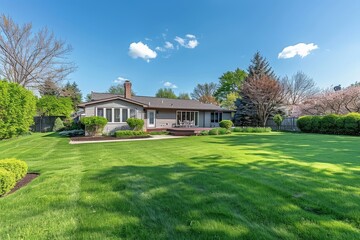Beautiful suburban home with large backyard, lush green lawn, garden bed, and sun umbrella in Mount Rainier, Washington on a sunny day.