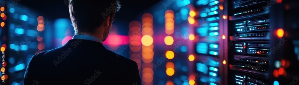 Poster a professional monitors data servers in a modern data center, surrounded by glowing lights and advan