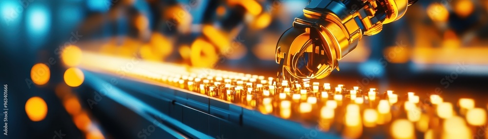 Poster a robotic arm meticulously assembling components on a conveyor belt, showcasing advanced automation 
