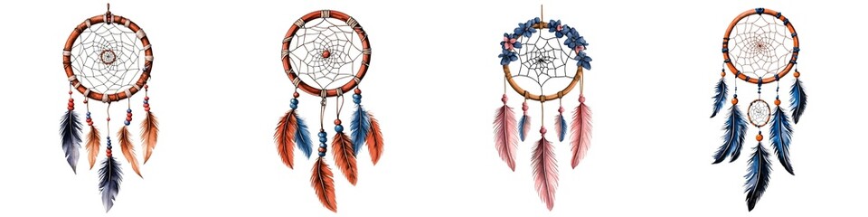 Set of four colorful dreamcatchers featuring intricate designs and feathers that symbolize protection and positivity.