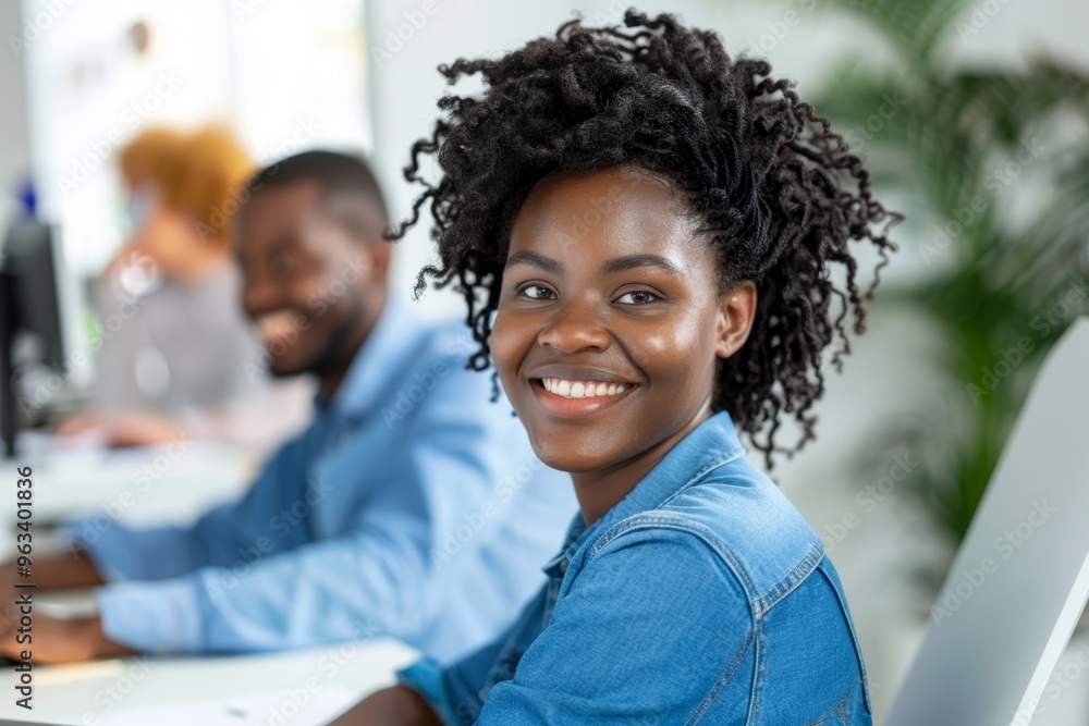 Poster cheerful businesswoman working on a computer in an office, smiling while managing emails and reviewi