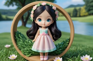 Cute little 3D doll in children's cartoon style, animated fantasy. Artistic background. Art illustration. Book illustration. Cartoon stylized illustrated art.