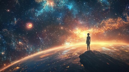 Fototapeta premium Celestial Dreamer - Exploring the Cosmos Amidst Stars and Galaxies with Glowing Earth in the Background