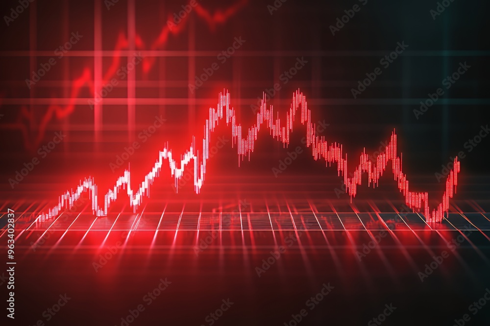Poster red financial graph with a grid on a dark background.