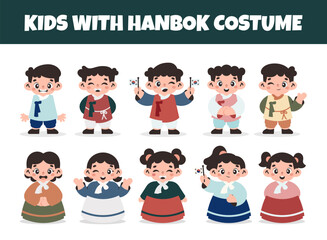 Character wearing hanbok vector illustration set