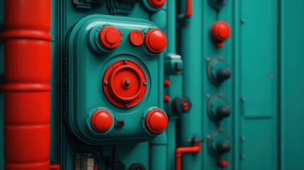 A vibrant close-up of a retro industrial control panel featuring bold red and turquoise colors.