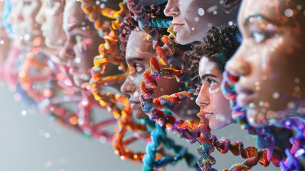 Embracing Diversity Diverse Faces in a DNA Double Helix. Concept Community Unity, Multiculturalism, Genetic Diversity, DNA Science 