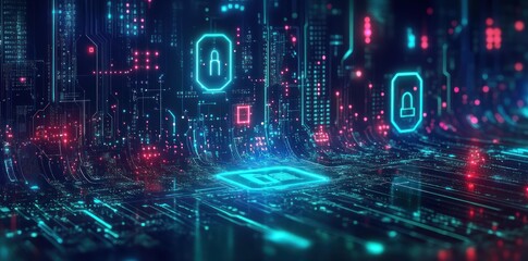 Abstract Digital Security Network with Glowing Lock Icons