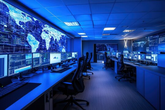A high-tech cybersecurity command center, where specialists monitor and secure vast networks.