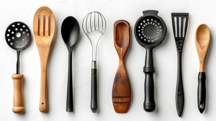 Set of kitchen utensils, white background, cooking tools