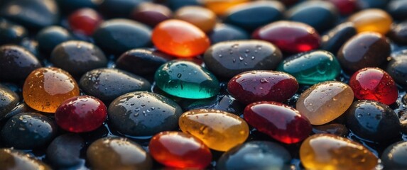 Colorful wet pebbles under soft lighting.