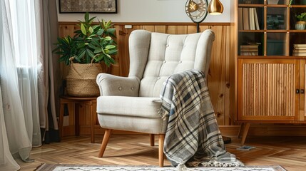 Armchair with soft plaid next to wooden cabinet in cozy living room interior