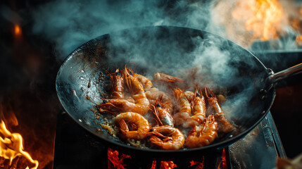 The image shows shrimp frying in a hot wok with strong flames underneath. Smoke rises, creating a sense of dynamism and high temperature, enhancing the cooking process