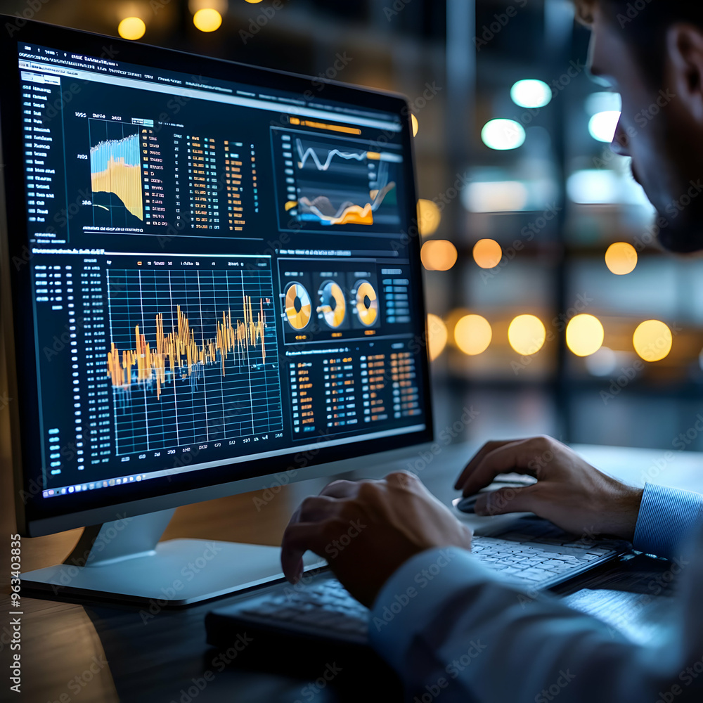 Poster Photo: Financial Data Analysis - Businessman Analyzing Charts and Graphs on Computer Screen