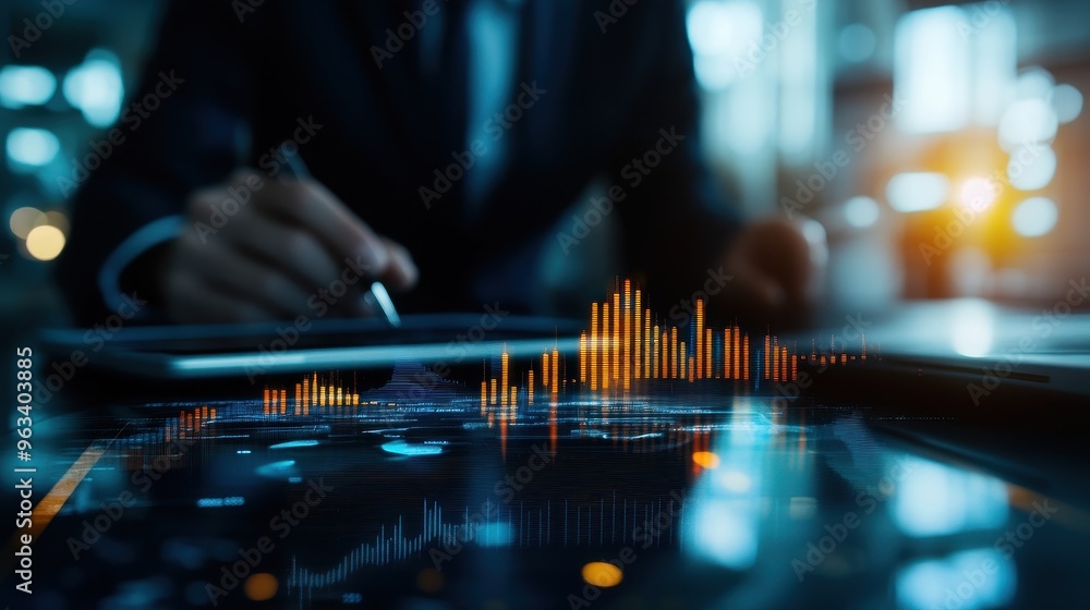Poster business professional analyzing financial data on a tablet with graphical reports and charts in a mo