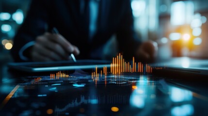 Business professional analyzing financial data on a tablet with graphical reports and charts in a modern office environment.