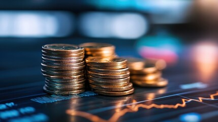 Close-up of stacked coins on a dark background with financial graphs, symbolizing investment and economic growth.