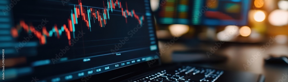 Aufkleber close-up view of a laptop displaying stock market data with charts and graphs in a modern office env