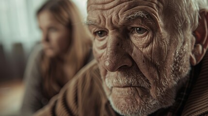 Elderly couple experiencing stress and sadness during a difficult discussion at home, facing relationship challenges and emotional tension