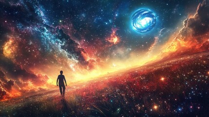 Fototapeta premium Journey Through the Cosmic Fields - A Surreal Space Fantasy of Walking Among Stars with Earth and Galaxy Above
