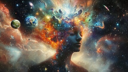 Celestial Connection - A Person Embraced by Stardust with Earth and Galaxy Lights in the Background