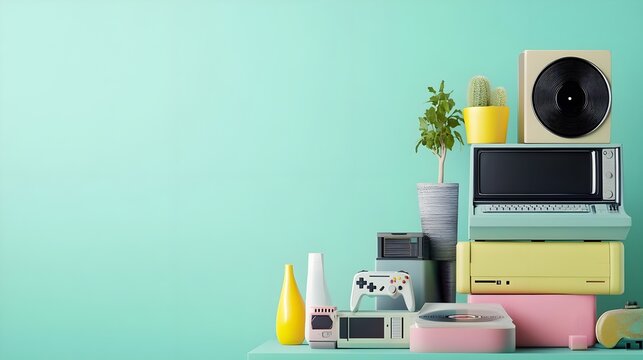 A vibrant display of retro electronics and decor items on a teal background, perfect for nostalgic and modern design inspiration.