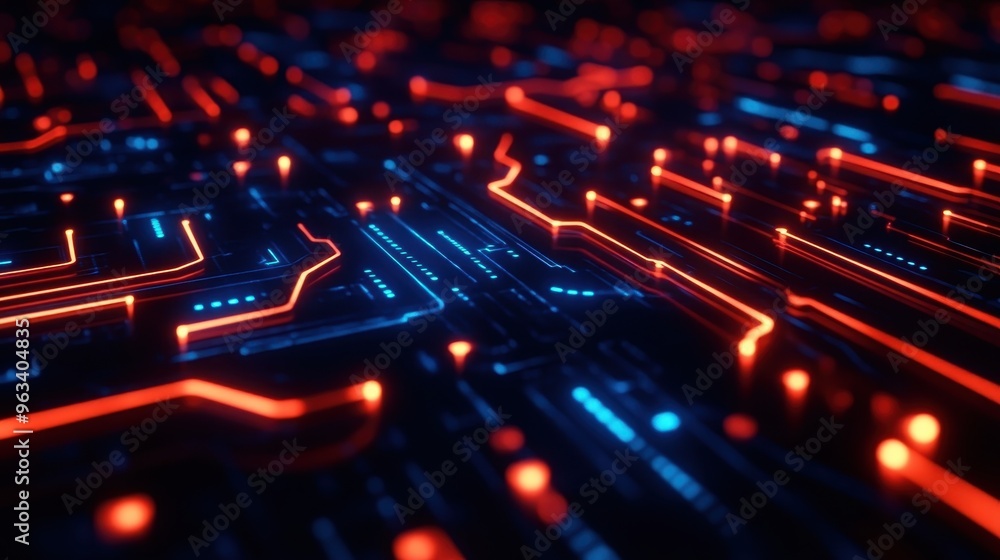 Poster futuristic circuit board with glowing lines in blue and red, representing advanced technology and di
