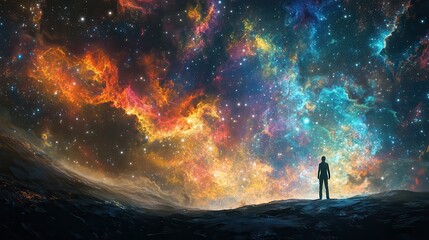 Fototapeta premium Discovering the Cosmic Tapestry - Person gazing at swirling galaxy of colorful stars from Earth's surface in a dreamy fantasy scene