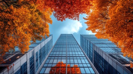 A stunning view of modern buildings framed by vibrant autumn foliage.