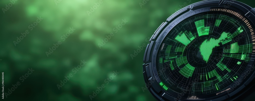 Poster futuristic digital radar interface displaying data and analytics on a vibrant green background for t