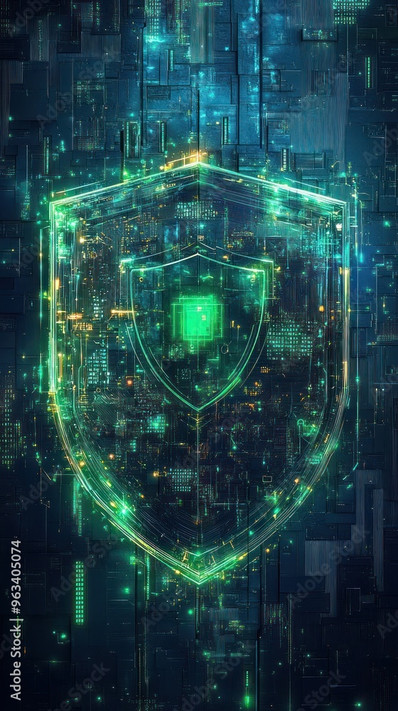 Aufkleber digital shield glowing in a network of circuits