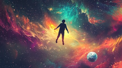 Naklejka premium Astral Serenity - Person Floating in Cosmic Space with Earth, Stars, and Abstract Energies