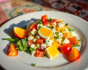 there is a plate of food with eggs, tomatoes, and lettuce.