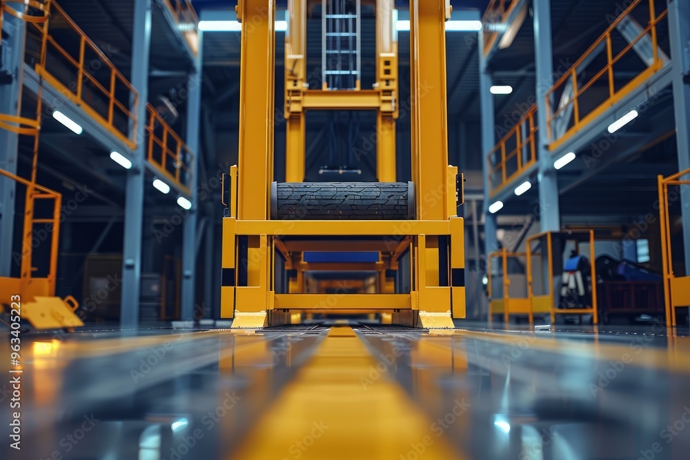 Poster automated guided vehicle - agv - is moving on a track in a modern factory