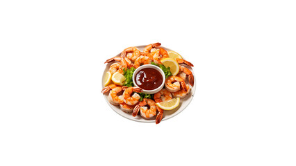 A platter of shrimp cocktail with a tangy cocktail sauce transparent background
