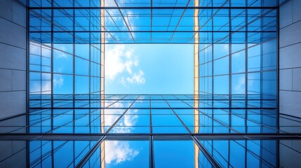 A view of the sky through a glass building's atrium.