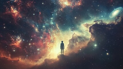 Naklejka premium Ethereal Encounter: Person Surrounded by Stars, Earth, and Galaxies in Cosmic Artwork