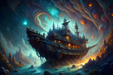 Obraz premium In the depths of horror black space, a fantastical ship appears, its hull adorned with intricate designs and its masts reaching towards the stars.