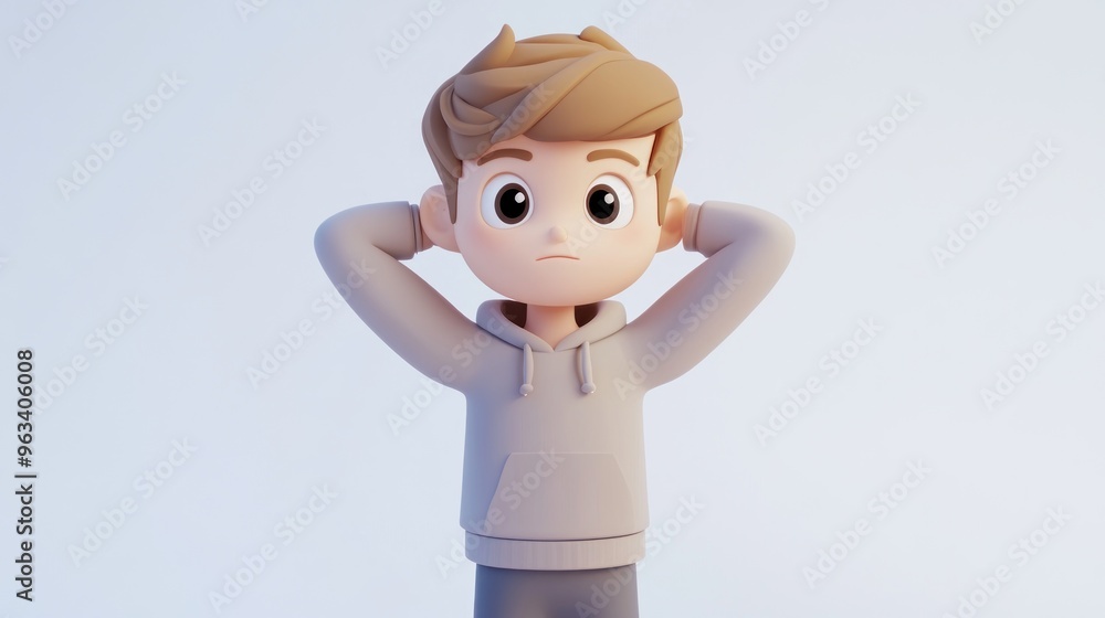 Poster a 3d animated character of a boy in a hoodie with a thoughtful expression.