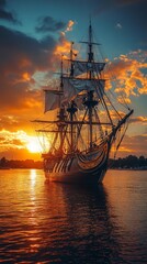 Obraz premium Retro Ship at Sunset