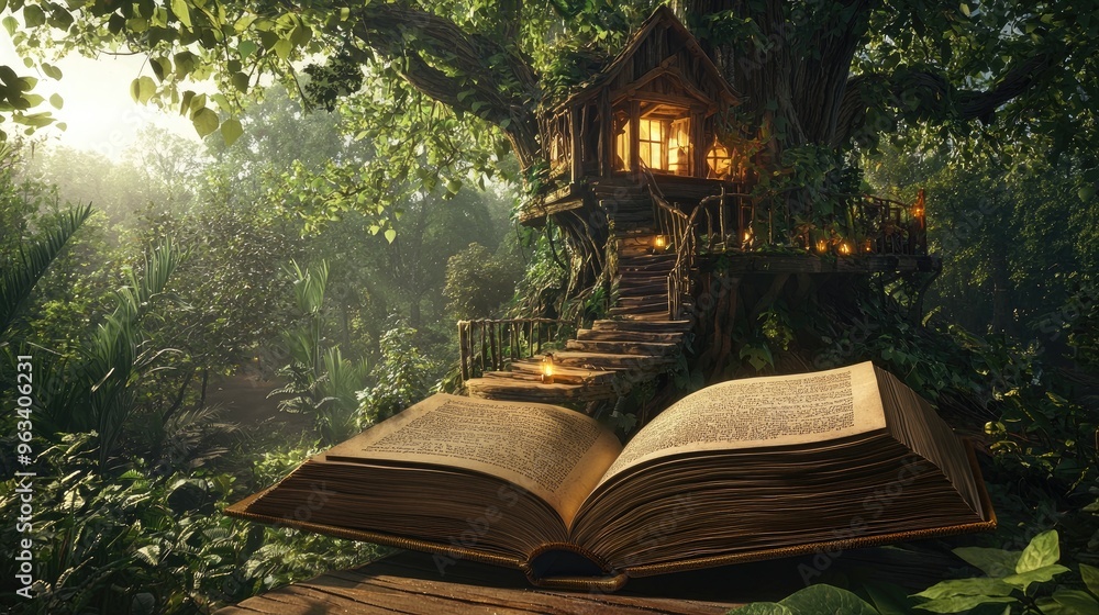 Wall mural create an image of a book opening up into a rainforest treehouse