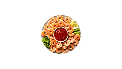 A platter of shrimp cocktail with a tangy cocktail sauce transparent background