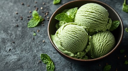 Fototapeta premium Three scoops of green mint ice cream in a brown bowl with fresh mint leaves and peppercorns on a dark grey background.